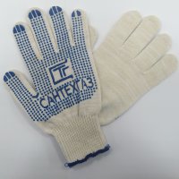 Перчатки ХБ с ПВХ покрытием "Сантехгаз ТОЧКА" 5-нитка, 10 класс, плотные (синяя резинка)