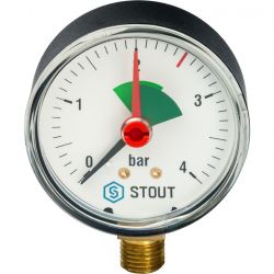 Манометр радиальный 63/4, с указателем предела, подключение нижнее 1/4" STOUT