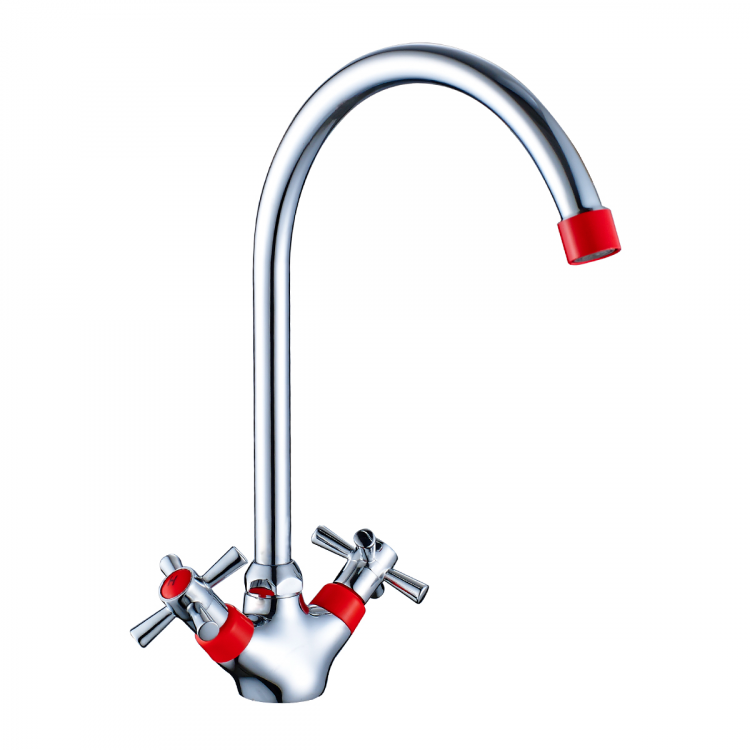 DR51028-Red Смеситель DECOROOM двуручный для кухни с поворотным изливом, красный - хром